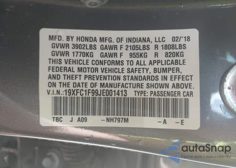 2018 Honda Civic Touring from USA, damaged, VIN 19XFC1F99JE001413